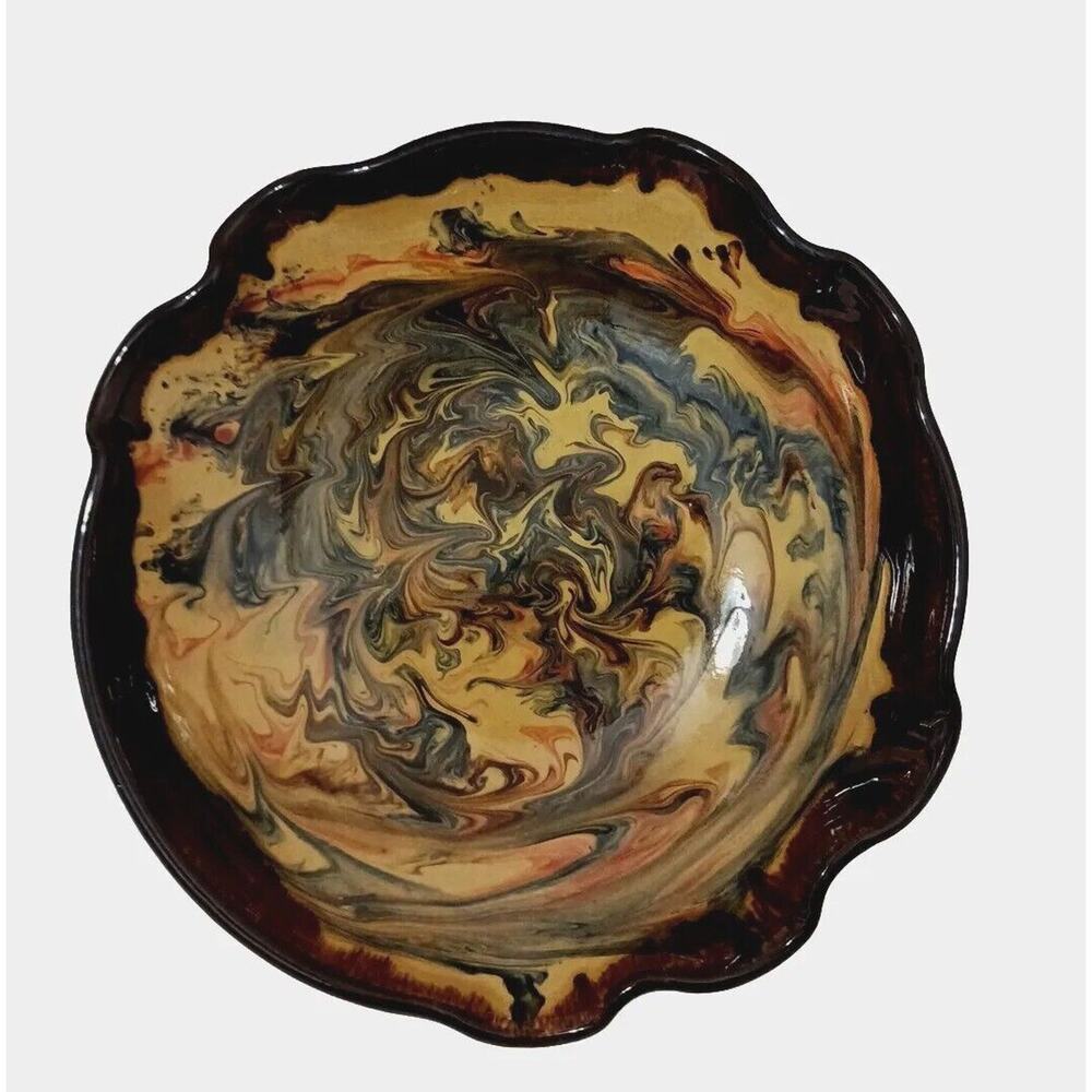 11" Spanish Pottery Swirl Hand Painted Bowl Glazed ARTSY Salad Nuts Candy Decor